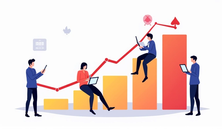 Grafico a barre stilizzato che mostra l'analisi del traffico web, con icone di persone che navigano.
