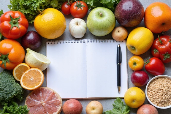 Una varietà di alimenti sani disposti su un tavolo, con un taccuino e una penna per la pianificazione dei pasti.