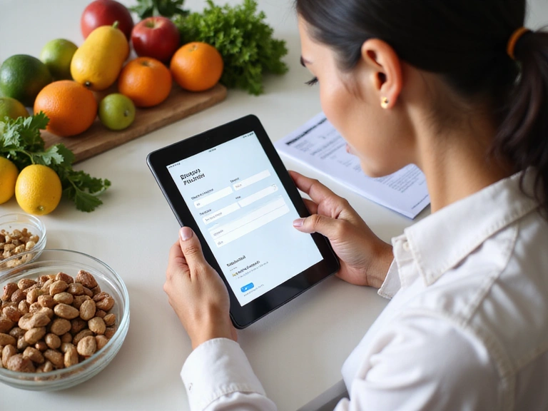 Donna che compila un modulo di prenotazione su un tablet, circondata da alimenti sani e fogli di studio.