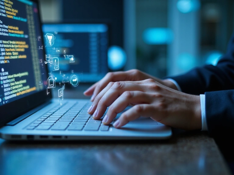 Mani che digitano su una tastiera, con dati che fluiscono in modo sicuro, rappresentando l'uso etico delle informazioni.